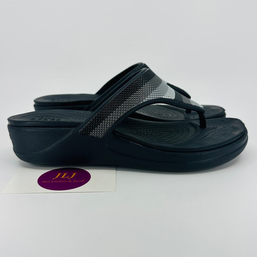 Crocs Women's Monterey Bead Strap Wedge Flip Flop Sandals Black 206641 Size 6